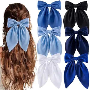 6Pcs Bow Hair Clips for Women Silky Satin Ribbon Alligator Barrettes Ponytail Holders Hair Accessories for Girls(Black/Blue/White)