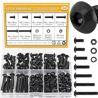 242 Pieces M5 Screws Nuts Washers Set Black, Sutemribor M5 x 8/10/12/16/20/25/30mm Button Head Socket Cap Screws Nuts Washers Assortment Kit, 10.9 Grade Alloy Steel, Fully Threaded