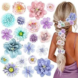 21 Pieces Silk Flower Hair Clip Women Aesthetic Boho Floral Hair Barrettes Handmade Rose Bride Barre Hair Accessories Wedding(Purple & Blue)