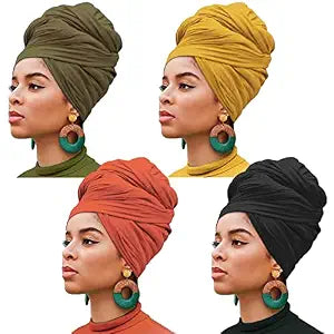 XTREND 4 Pieces Stretch Jersey Head Wrap Knit Turban Urban Hairband Scarf Fashion Headband Solid Color Breathable Ultra Soft Extra Long Head Band Tie for Women (Black, Army Green, Turmeric, Orange)