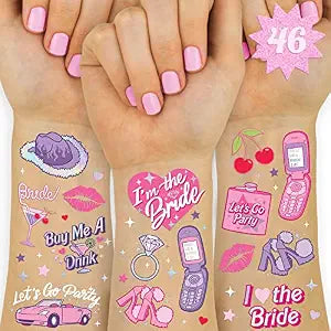 xo, Fetti Pink Bachelorette Temporary Tattoos - 46 Foil Styles | Bachelorette Party Decoration, Bach Party Favor, Girly Y2k, Cute