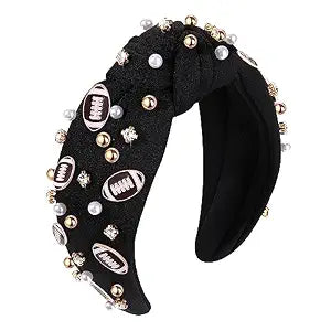 Football Headband Football Mom Accessories Pearl Rhinestone Knotted Wide Hairband Black Football Charms Top Knot Head Band Game Day Sports Hair Accessories Gift for Football Mom Fans