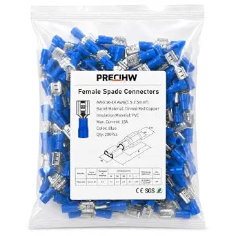 200 Pcs Blue Female Quick disconnects Wire Connectors, (16-14 AWG) Electrical Crimp Terminal(6.3mm)