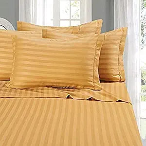 Elegant Comfort Wrinkle & Fade Resistant 1500 Thread Count - Damask Stripes Egyptian Quality Luxurious Silky Soft 4pc Sheet Set, Up to 16" Deep Pocket, Queen, Gold