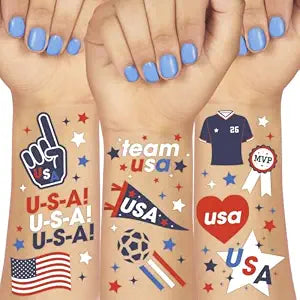 xo, Fetti Soccer USA Temporary Tattoos - 2 Sheets | America, 4th of July, Red White Blue, Stars, Patriotic Party, Kids Celebration