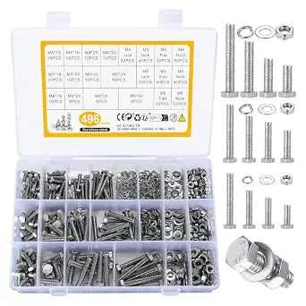 Hex Bolts and Nuts and Washers Assortment Kit, 496 Pcs Metric Hex Head Nuts and Bolts Kit, Stainless Steel Machine Screws Bolts Nuts Flat & Spring Lock Washers Set - M4 M5 M6
