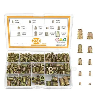 Hex Socket Wood Threaded Inserts 230Pcs,M4/M5/M6/M8/M10 Furniture Fasteners
