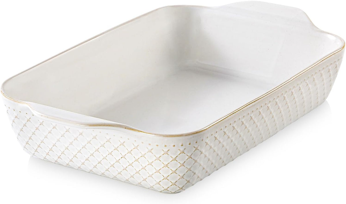 DOWAN 9x13 Deep Lasagna Baking Dish, Ceramic Casserole Dish for Oven, 4 Quarts Embossed Baking Pan with Handles, Oven Safe Bakeware for Roasting, Desserts, Durable & Giftable, Arctic White