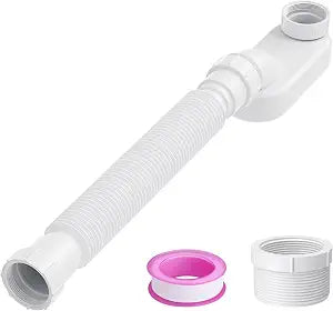 Low Profile Flexible Bathtub Shower Drain Pipe Kit - Flat P Trap for Freestanding Tub, 1 1/2 or 1 1/4 Inch (White)