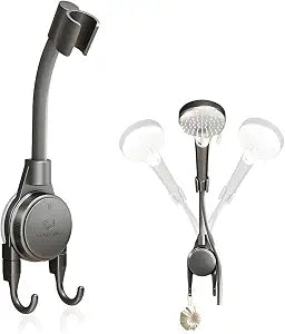 Shower Head Holder, 360 Swivel Adjustable Extra Length Arm, Flexible Wall Mount Shower Hose Holder, Removable Hand Held Shower Bracket with No Drill Suction Cup & Bonus Hook for Bathroom, Kitchen