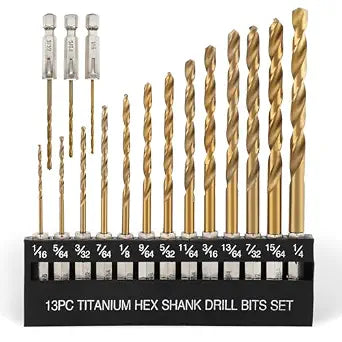 COMOWARE Titanium Twist Drill Bit Set 16 Pcs, 1/16"-1/4, Hex Shank HSS