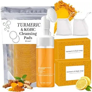 4Pcs Turmeric Wash and Care Three Piece Set,Tuemeric Facial Cleanser & Turmeric Soap Bar & Turmeric Face Scrub Pads,Face & Body Cleanser,Turmeric Cleansing Skincare Set, Deep Cleansing