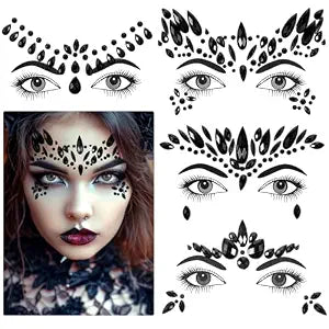 Black Face Gems for Women, 4 Sets Rhinestone Glitter Face Gems Jewelry Stick On Temporary Tattoos Self Adhesive Rave Accessories for Faces Eyes Forehead for Rave Festival Party Makeup