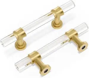 Peaha Acrylic Drawer Pulls, Kitchen Cabinet Handle 3 Inch 10 Pack, Gold Drawer Handles Brushed Brass Kitchen Hardware T Bar Cabinet Pulls for Dresser Bathroom Closet and Cupboard, Zinc Alloy Base