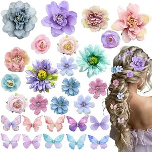 28 PCS Flower Butterfly Hair Clips Set, Boho Hair Accessories 18 pcs Hawaiian Silk Floral Clips 10 PCS Butterfly Headpiece for Women Festival, Romantic Purple