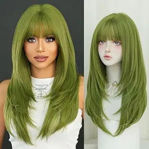 7JHH WIGS Long Straight Green Synthetic Wig with Bangs 25inch Layered Straight Middle Length Heart Resistant Synthetic Fiber Wig Natural Looking Wigs for Women Party Cospaly Wig and Daily Used