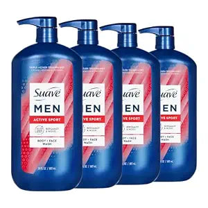 suave+ Men Active Sport 2-in-1 Body & Face Wash with Glycerin & Vitamin E, Paraben & Phthalate Free, Cleanse, Moisturize, Refresh, Long-Lasting Fragrance, 30 FL OZ, 4 Count