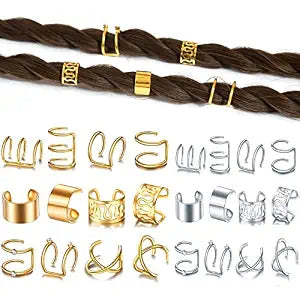 24 Pcs Gold Silver Hair Braids Dreadlock Non-Piercing Ear Clip Beard Beads Cuffs Clip Hair Accessories Styling Fashion Jewelry Gift Toos for Women Men