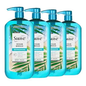 suave+ Ocean Breeze Moisturizing Body Wash with Glycerin & Vitamin E, Hydrating Formula For Soft, Smooth Skin, Long Lasting Fragrance, 30 FL OZ Pump, 4 Count