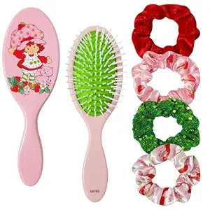 LUV HER Strawberry Shortcake Hair Accessory Set – 5 Pieces: 1 Detangling 9-inch Hairbrush & 4 Scrunchies, Elastic Hair Ties, Ages 3+