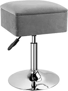 WKWKER Adjustable Vanity Stool with Storage Velvet 360 Swivel Makeup Stool Small Ottoman Chair Metal Base for Vanity Bedroom Living Room Lab Salon Studio Counter Desk (Gray)