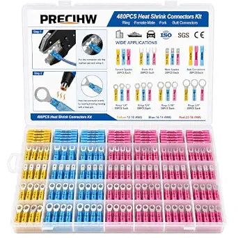 480PCS Heat Shrink Wire Connectors Kit, 22-10 AWG Waterproof Crimp Terminals, Ring Fork Male Female Spade Butt Connectors Assortment for Automotive Marine RV Electrical Wiring