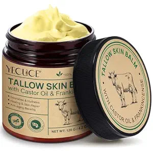 Yecuce Beef Tallow for Skin & Face Cream with Castor Oil and Frankincense 120g, Organic Natural 100% Grass Fed, Whipped Beef Tallow Balm Deeply Moisturizing for Face & Body Care, 4.2 oz