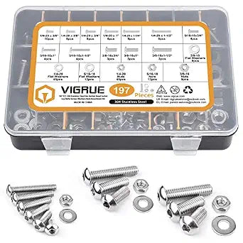 VIGRUE 197PCS 1/4-20 5/16-18 3/8-16 Button Head Cap Screw, SAE 12 Sizes Hex Cap Bolts Flat Washers Nuts Assortment Kit Machine Screws Set, 304 Stainless Steel