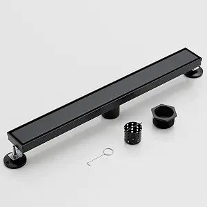 24 Inch Linear Shower Drain, 304 Stainless Steel Floor Drain with Tile Insert Grate, Square Shower Floor Drain for Bathroom Remodel, Adjustable Leveling Feet & Hair Strainer (Matte Black)