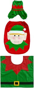 3pcs Christmas Toilet Cover and Rug Set Funny Elf Decorations Bathroom Set Includes Toilet Cover, Rugs, Tank Cover for Home Hotel Holiday Party Supplies