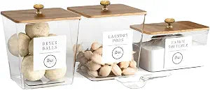 3 Pack Acrylic Laundry Room Organization Containers with Gold & Wood Knobs  Laundry Pods Container & Detergent Organizer Set | Clear Laundry Jars | Scoops & Customizable Labels | Storage Canisters