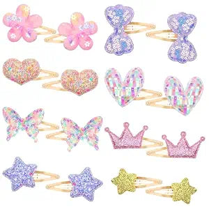 Gingbiss Hair Clips Set: 16 Sparkly Metal Snap Barrettes for Girls, Flower/Star/Crown/Heart/Butterfly Shaped Styling Accessories