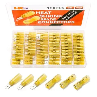 HKS 120PCS/60Pairs Spade Connector Kit - Yellow AWG 12-10 Male & Female Terminal-Heat Shrink Electrical Quick Disconnect Wire Connectors Kit - Tinned Automotive Marine Crimp Waterproof and Insulated
