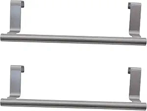 2PCS Silver Stainless Steel Towel Rack No Drilling Universal Hanging Rod Over Cabinet Door for Kitchen Bathroom Small Storage Towel Holder Dish Towel Storage