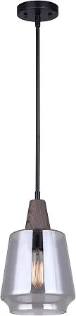 Canarm Dante IPL2040B01BKW, 7inch W x 14.25-62.25inch H in IPL2040B01BKW - MBK + Faux Wood, 1 Lt Rod Pendant, Smoked Glass, 60W Type A, 7inch W x 14.25-62.25inch H