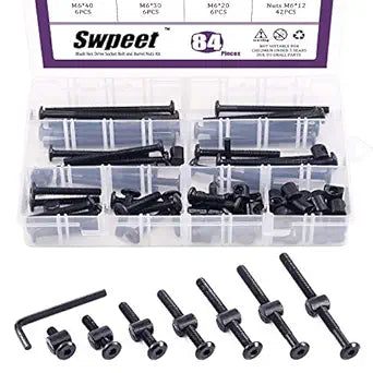Swpeet 84Pcs Black M6  20/30/40/50/60/70/80mm Crib Hardware Screws Kit, Hex Socket Head Cap Cribs Baby Bed Bolt and Barrel Nuts with 1 x Allen Wrench Perfect for Furniture, Cots, Cribs Screws
