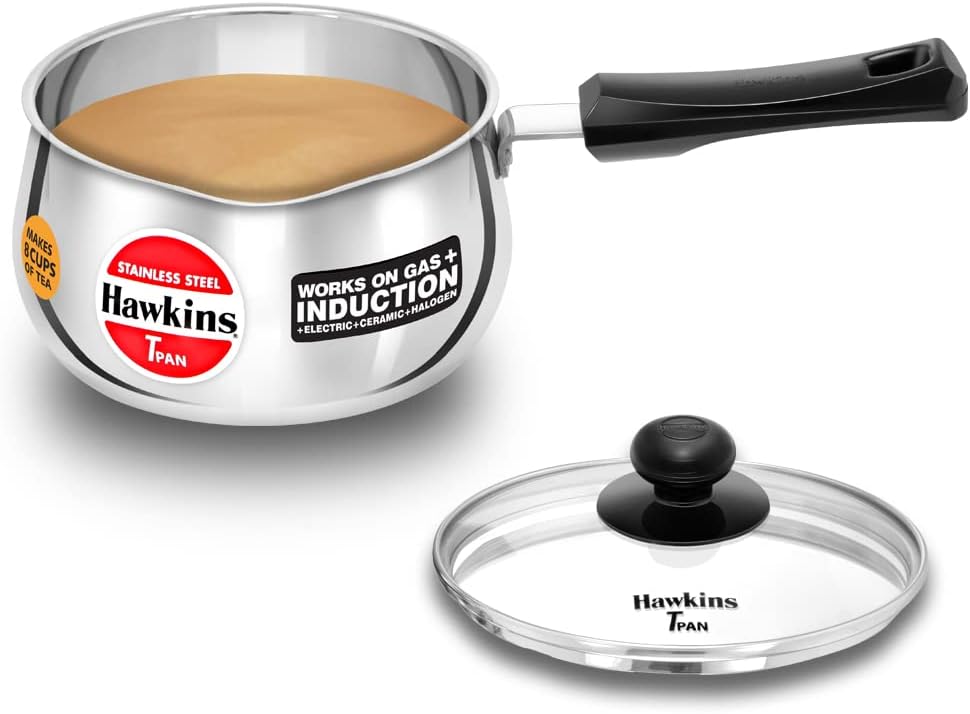 Hawkins 2 Litre Tpan, Stainless Steel Tea Pan with Glass Lid, Induction Sauce Pan, Chai Pan, Saucepan, Silver (SST20G)
