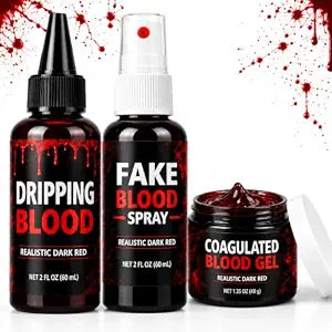 3PCS Halloween Fake Blood Kit, Lifelike Fake Blood Makeup, Coagulated Gel 1.35 oz + Spray 2 oz + Dripping 2 oz, Realistic Washable Makeup for Clothes, Face, Zombie, Monster and Vampire Cosplay