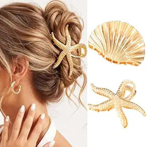 CAKURE Seashell Hair Clip Gold Starfish Hair Claw Clips Beach Claw Clips Hair Accessories for Women (Pack of 2) (a-gold)
