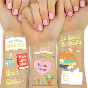 xo, Fetti Book Lover Temporary Tattoos - 48 Gold Foil Styles | Book Club Birthday Decorations, Library Kids Party Favor, Reading Accessory, School Literary Activity