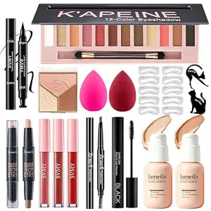 All in One Makeup Kit for Women Full Kit, Makeup Essential Bundle 12 Colors Eyeshadow Foundation Lipsticks Eyeliner Mascara Contour Powder Contour Stick Brow Pencil, Make Up Gift Set for Women & Teens