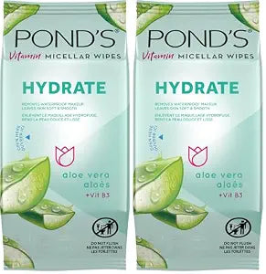Pond's Vitamin Micellar Wipes For Dry Skin Hydrate Aloe Vera Removes Waterproof Makeup 25 Wipes (Pack of 2)