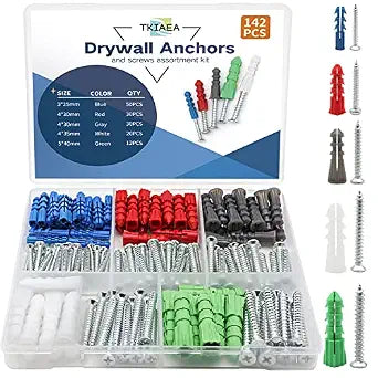 Drywall Anchors and Screws Kit 142Pcs, Wall Anchors and Screws for Drywall, Including 5 Different Sizes