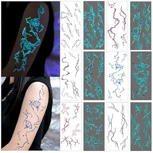 6 Sheets Halloween Temporary Tattoos Glow in the Dark Blood Vessel Lightning Shaped Fake Tattoos Luminous Scary Tattoo Stickers for Halloween Cosplay Makeup Face Body Decoration