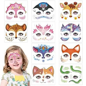 Konsait 10 Sheets Glitter Face Tattoos Animal Fake Tattoos for Girls Boys Face Makeup Tattoo Mermaid Bat Dinosaur Temporary Face Tattoo Birthday Halloween Makeup Stickers Party Favors