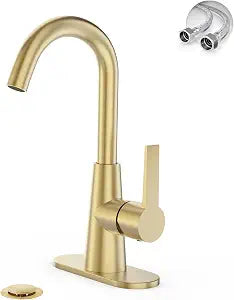 Phiestina Brushed Gold Single-Handle 4 Inch Bathroom Sink Faucet with Deck Plate and Supply Hoses, Bar Sink Faucet/Pre-Kitchen Sink Faucet with 360 Degree Rotation Spout, WE10-BG