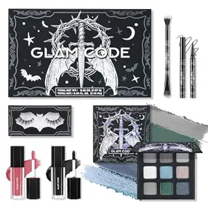 Glam Code Goth Makeup Kit with Gray Eyeshadow, Eyeliner, Faux Eyelashes