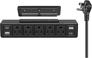 40W Under Desk Power Strip Surge Protector 1200J 5 Outlet 4 USB 6FT Black