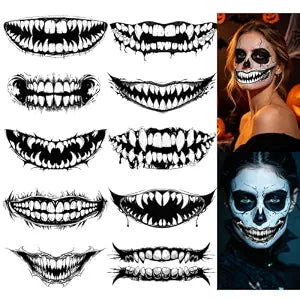 Skull Mouth Temporary Tattoos Halloween Horror Scary Mouth Tattoo Stickers Skeleton Decals for Women Men Face Makeup Cosplay Party Supplies, 10 Sheets