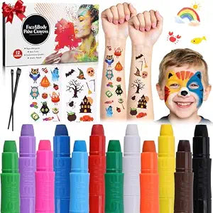 Beesjuy Face Painting Kits for Kids,12 Color Water Based Face Paint Crayon, Washable Kids Body Paint Makeup Sticks for Halloween, Birthday Party, Clown/Cosplay Makeup